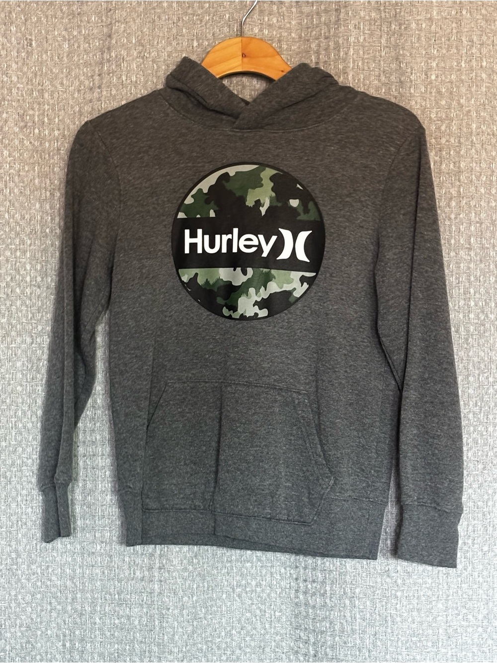 Hurley Boys Dark Gray Hoodie with Green Camo Logo